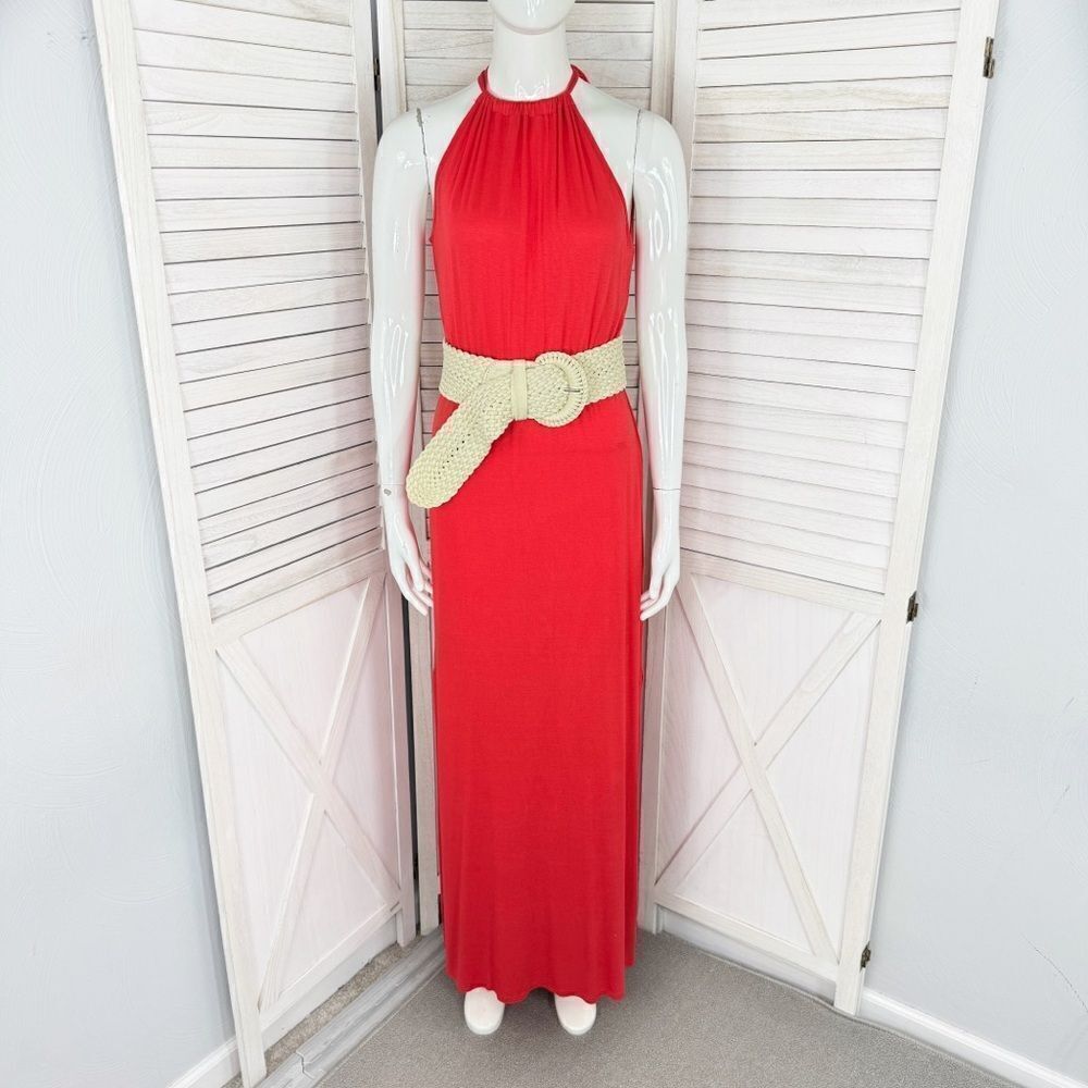 Charlotte Russe Tie Neck Halter Maxi Dress Coral Orange Small Sleeveless